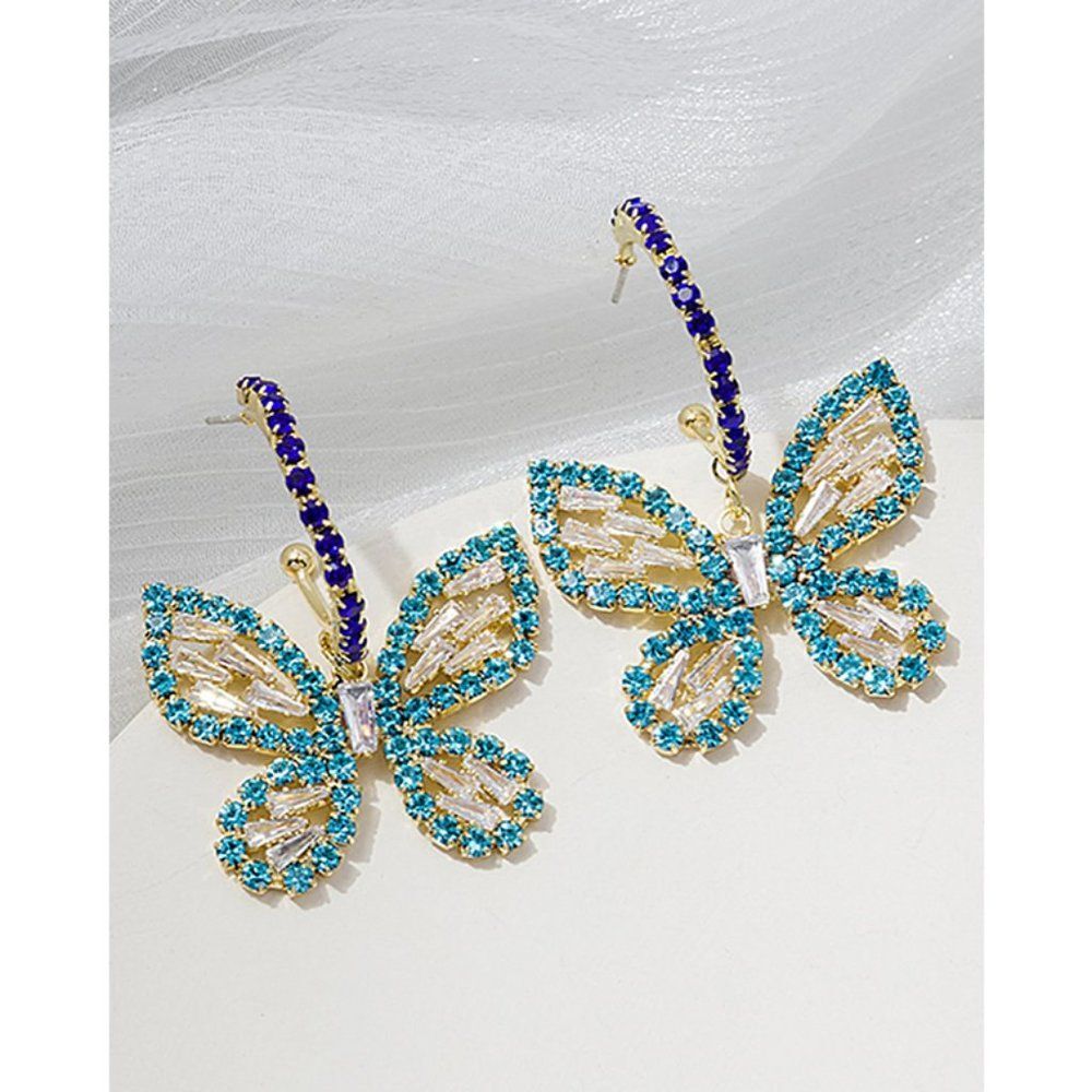 Purple and Blue Beautiful‎ Butterfly Rhinestone Dangle Earrings CRYSTAL BLING